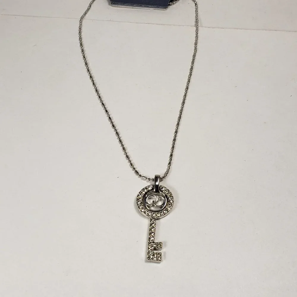Women's Stunning Silver tone Dot & Dash Chain Necklace - With a Pave Key Pendant